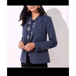 LOFT Puppytooth Knit Elbow Patch Modern Blazer Navy Print Fully lined Academia 8